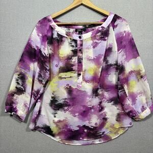 AGB Petite Abstract Blouse Purple Yellow‎ Black Button Front Lightweight PL